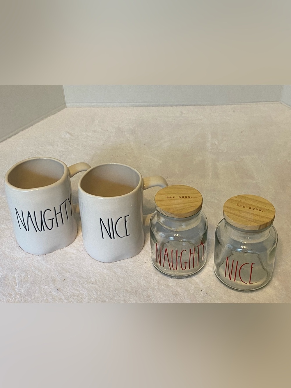 4 Pce Rae Dunn 2 Cream Mugs/2 Bamboo Lidded Glass Jars - Naughty/Nice